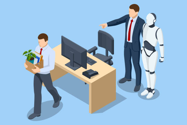 Isometric AI and robotics have replaced humans in workplaces, causing job losses and rising unemployment, particularly among business professionals. IT team of future. Futuristic worker. Isometric AI and robotics have replaced humans in workplaces, causing job losses and rising unemployment, particularly among business professionals. IT team of future. Futuristic worker being fired stock illustrations