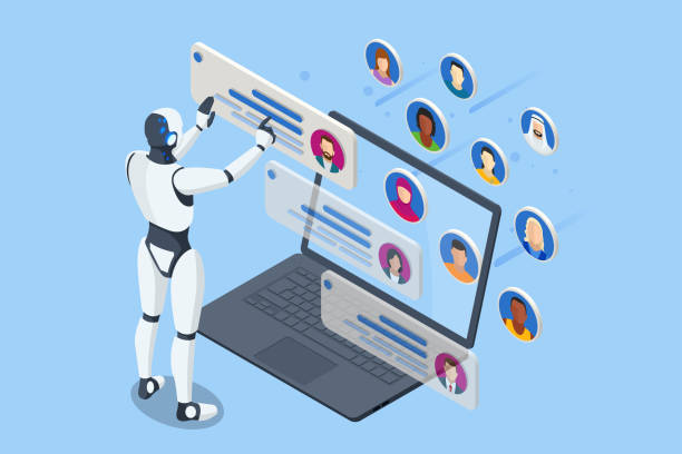 bildbanksillustrationer, clip art samt tecknat material och ikoner med an isometric robot processes employee or personnel databases, handling data analysis. acting as an hr manager, it leverages artificial intelligence for big data insights. robot hr manager. - rekrytering