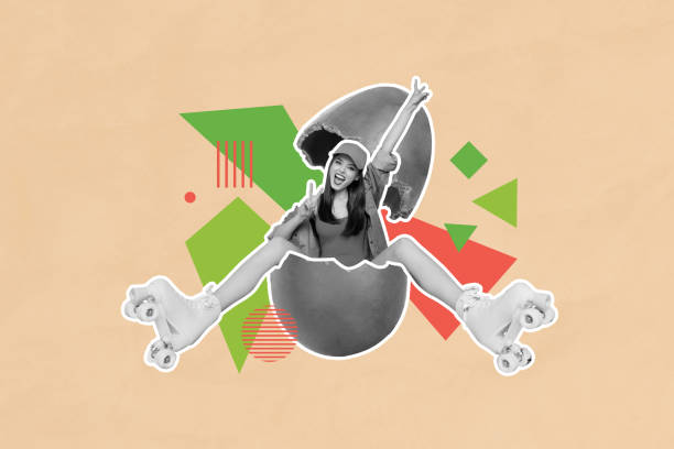 istock Creative photo collage picture sitting young cheerful pretty girl inside egg shell roller skater leisure entertainment drawing background 2194094144