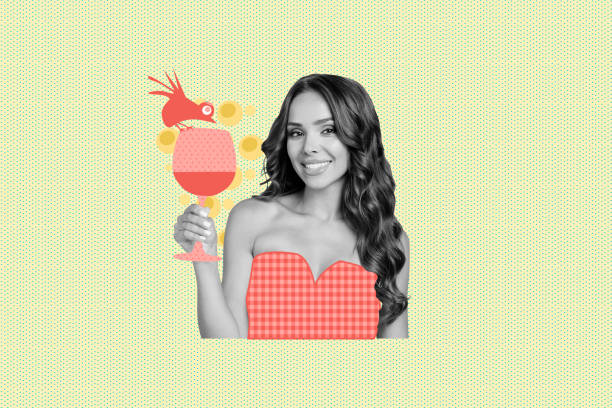 Creative collage picture young attractive smiling woman hold wine glass cheers celebrate party weekend friday drawing backround Creative collage picture young attractive smiling woman hold wine glass cheers celebrate party weekend friday drawing backround. drunk visual stock pictures, royalty-free photos & images