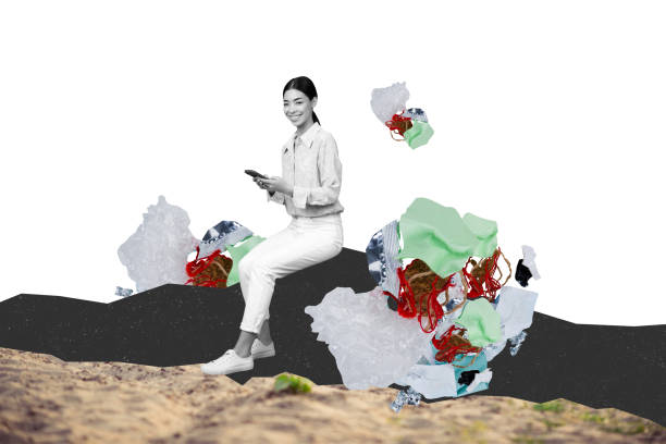 istock Creative abstract collage of girl smile sit dump hold iphone garbage foil plastic cellophane waste pollution isolated on painted background 2194096213