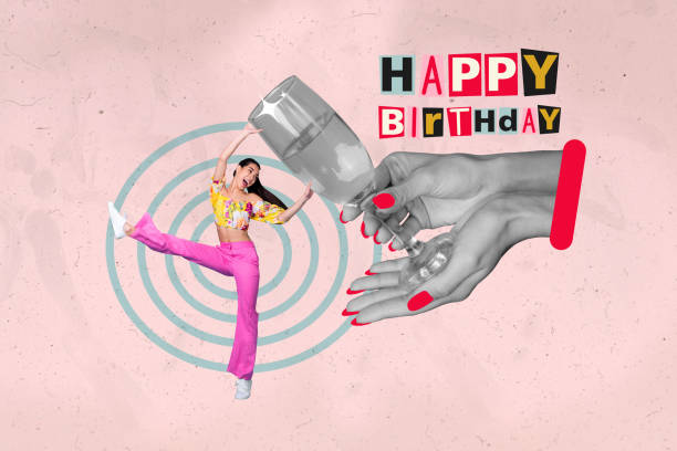 Photo collage young happy girl hold huge glass wine champagne festive birthday party event celebrate occasion drink alcohol Photo collage young happy girl hold huge glass wine champagne festive birthday party event celebrate occasion drink alcohol. drunk visual stock pictures, royalty-free photos & images