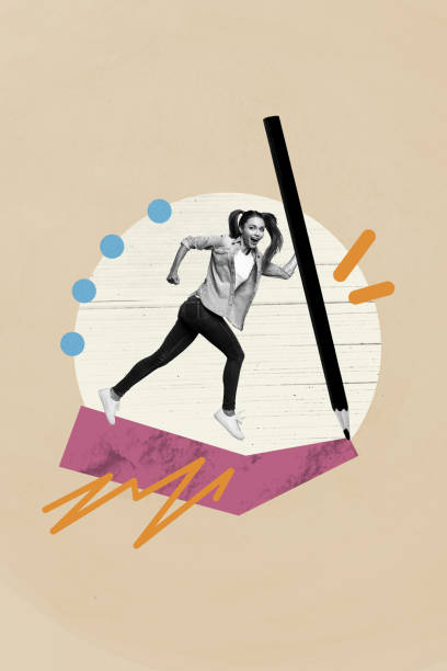 istock Vertical creative collage young woman running towards target goal hold pencil drawing way artist stationery equipment drawing background 2194096369