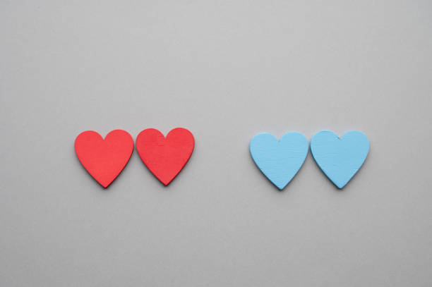 Two pairs of heart shapes in red and blue neatly arranged on a gray background. This minimalist design conveys a sense of love, balance, and symmetry through vibrant contrasting colors.