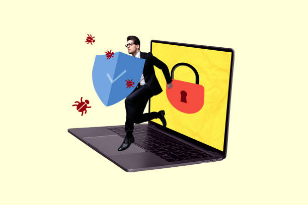 istock Composite 3d photo collage of young guy run hold shield insects bugs laptop lock inaccessible confidential isolated on painted background 2194097944
