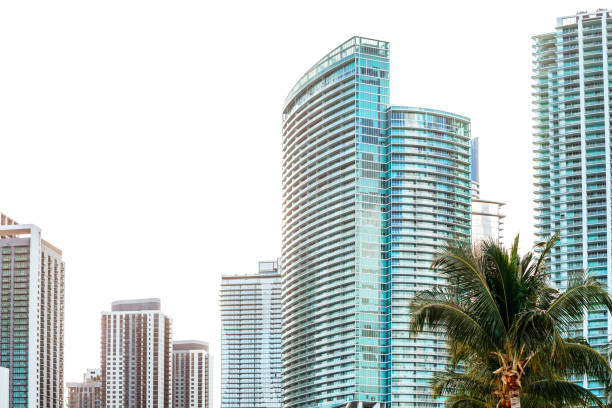 high skyscraper architectural building on blue sky. skyscraper architectural building in metropolis. skyscraper architectural building in miami. photo of skyscraper architectural building.