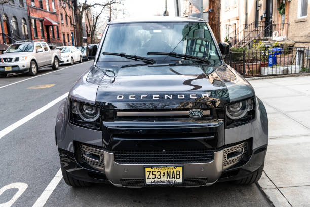 New York City, USA - April 01, 2024: 2020 Land Rover Defender L663 SUV car parked outdoor, front view.
