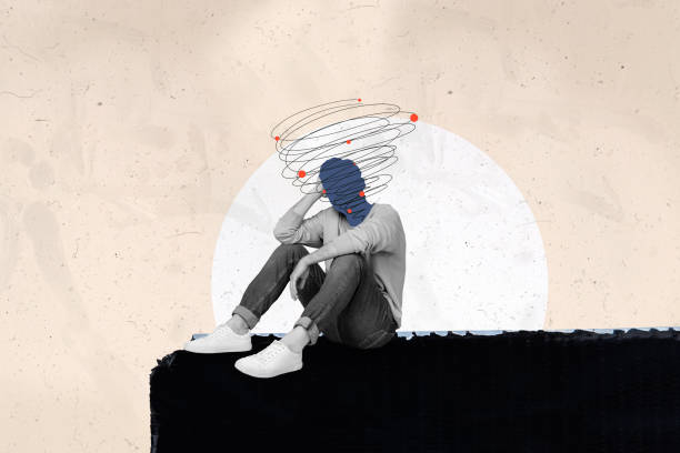 Trend artwork composite sketch image 3D photo collage of sad gut headless sit on edge cliff unhappy hold hands near head think dilemma.