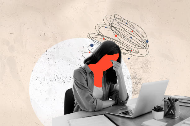 trend artwork 3d photo collage sketch image of young sad stressed lady with headache burnout deadline overloaded tired work in office - overstuur fotos stockfoto's en -beelden