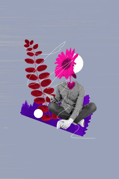 istock Vertical photo collage sitting young headless man browsing hold tablet sunflower pink face flora environment drawing background 2194099354