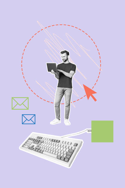 istock Vertical art creative trend collage of happy freelancer man type laptop sms icon correspondence cursor arrow keypad buttons 2194099691