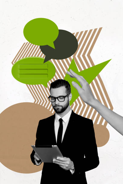 istock Vertical photo collage of serious businessman surf tablet message bubble notification speech hand manager isolated on painted background 2194099780