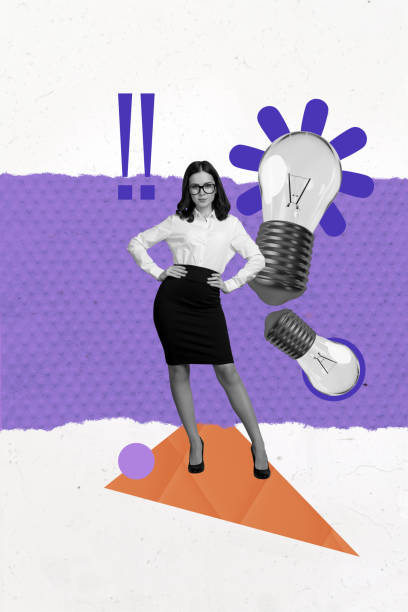 istock Vertical photo collage of serious businesswoman stand light bulb development progress idea finding plan isolated on painted background 2194100152