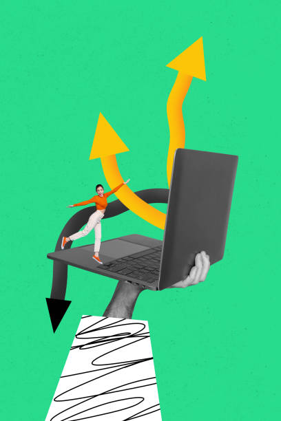 istock Poster trend sketch template 3D photo collage of technology hand hold laptop computer virtual device small size lady stand arrow up growth 2194100172