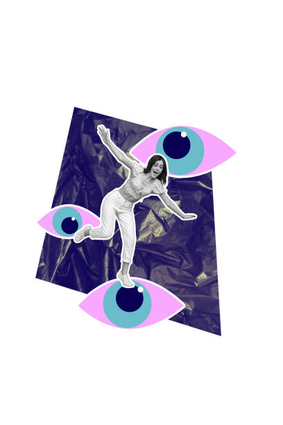 istock Template sketch image composite artwork collage of surveillance watch security look focus control eye icon young lady smile stand balance 2194100211