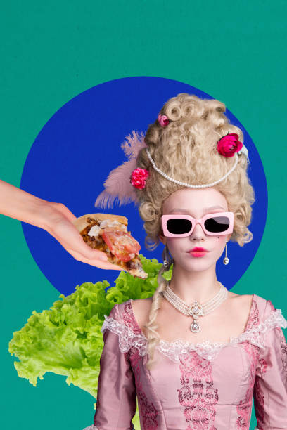 istock Trend artwork poster composite sketch image collage of baroque style feather accessory young lady portrait hand hold pizza salad diet 2194100556