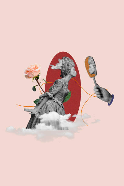 istock Trend artwork poster composite sketch image collage of baroque style feather accessory young woman kiss flirty hand hold mirror reflect 2194100598