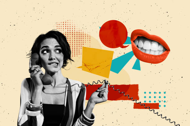 istock Composite sketch image design trend artwork collage of young lady talk hand hold wire land line phone mouth lips makeup lipstick dialog 2194101289