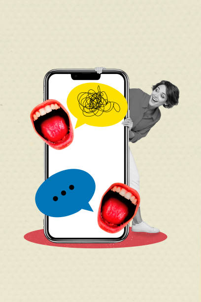 istock Composite 3D collage trend artwork template design of smartphone display message speech bubble network dialog young lady smile monuth talk 2194101336