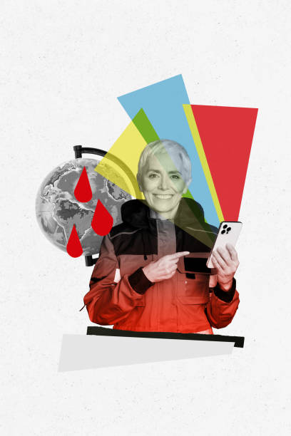 istock Creative composite sketch design artwork collage of middle age woman finger point hold smartphone globe map world day charity blood 2194101411
