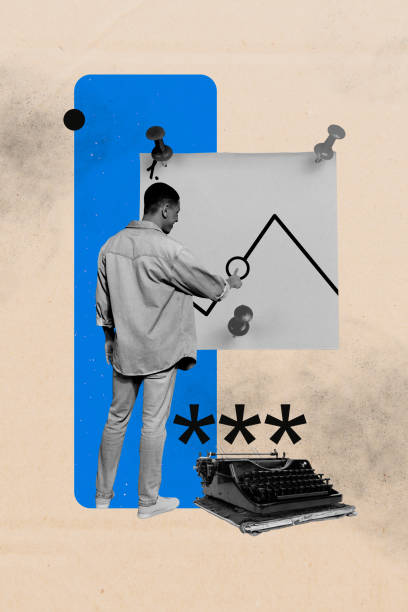 istock Image vertical art banner collage of american man stand back draw graph development sticker pin typewriter machine development 2194101480