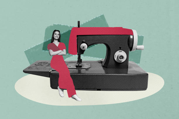 Creative composite sketch design artwork collage of sewing machine hobby obsolete fabric style clothes young lady sit smile manufacture.