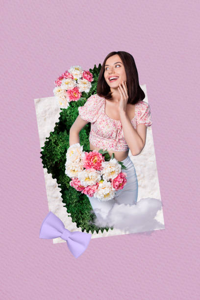 istock Composite trend artwork sketch image 3D photo collage of spring  season flower international woman day young lady hold bouquet present 2194101708