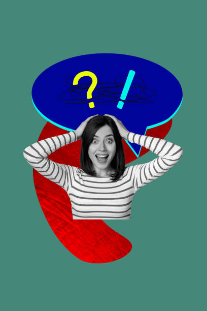 istock Composite 3D photo collage design trend of young woman amazed staring mind think empty bubble conversation speech cloud question decision 2194101779