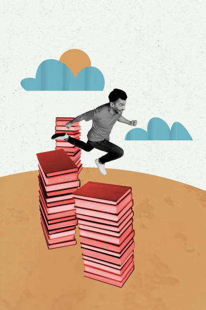 istock Composite trend artwork sketch image photo collage of young man run jump pile book knowledge education outdoors sun cloud study smart 2194102000