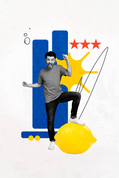 istock Vertical art creative trend collage of excited businessman stand lemon fruit chart development success statistics stars reputation 2194102019