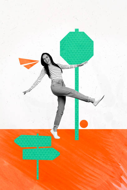 istock Creative trend artwork design collage sketch of leadership strategy success target aim aspiration young woman walk step choose direction 2194102140