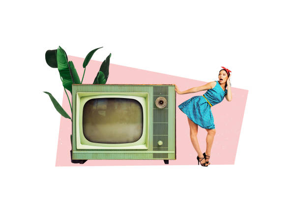 istock Creative design composite trend artwork collage of obsolete vintage television electronics tool home plant young woman dress dance posing 2194102319