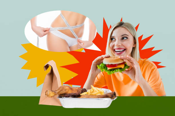 istock Creative artwork template sketch image collage of cuisine dinner chef calories diet young woman eat sandwich dream slim figure solve diet 2194102564