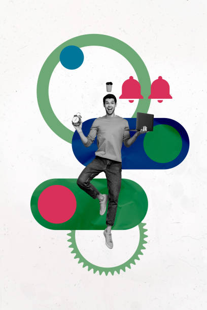 istock Creative artwork template sketch image 3D collage of professional job vacancy manager young man stand balance hold clock drink cup laptop 2194102880