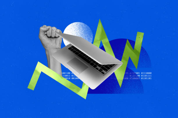 istock Creative art banner collage of hand show fist gesture cyberspace laptop device digital code technology it-specialist freelance 2194103697