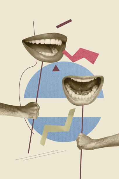 istock Creative composite sketch design artwork collage of abstract hand hold placard huge human mouth lips smile teeth chatting rumors talk 2194103727