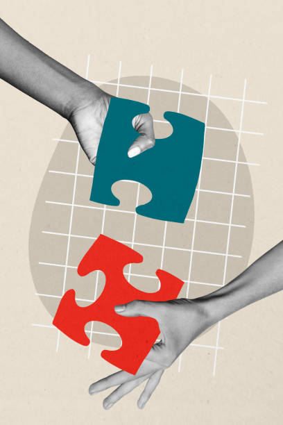 istock Trendy art creative vertical photo collage of hands hold puzzle element match connection business people colleagues idea jigsaw 2194103810