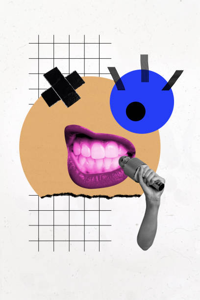 istock Composite trend artwork 3D sketch image collage of copyspace face fragment caricature mouth lips teeth eye watch hand hold microphone talk 2194104098