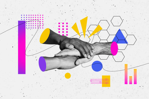 Composite image montage trend artwork 3D collage of gesture finger hand body language symbol partnership together unity team support