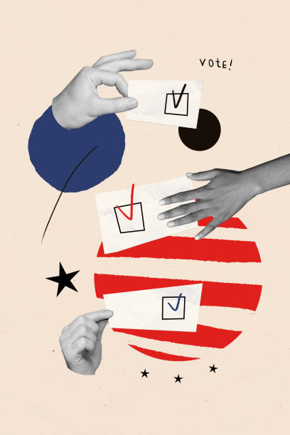 Vertical creative art collage of people hands hold ballot checkmark registration approval decision citizen isolated on painting background
