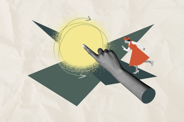 istock 3D collage design composite trend artwork sketch of huge hand gesture showing way point aim young lady run fashion look arrow cycle 2194104259