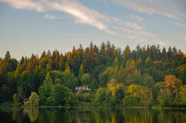 Autumn colours at Deer Lake Park with a house in the trees, Burnaby, BC