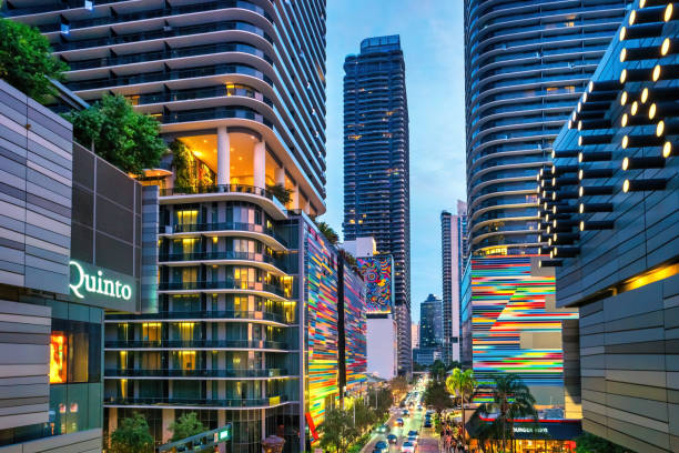 Miami avenue with condos in the Brickell district of downtown Miami, Florida, USA in the evening.