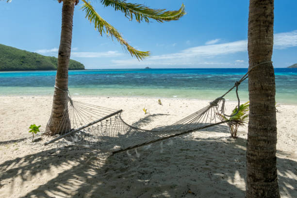 istock A hammock on a shaded tropical island beach, strung between coconut trees with clear blue water and a coral reef visible in the background 2194116760