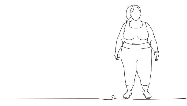 kontinuální line styl plus velikost žena v cvičit oblečení boční pohled - obezita stock ilustrace