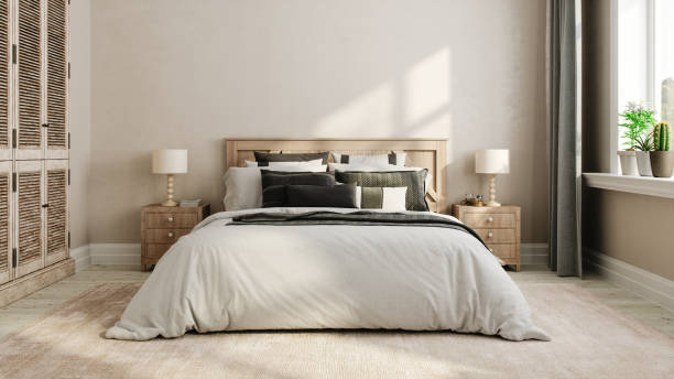 cozy modern bedroom design - selimut seprai foto potret stok, foto, & gambar bebas royalti