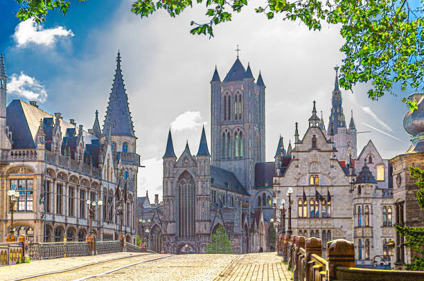 istock Saint Michael's Bridge, Saint Nicholas Church Scheldt Gothic style and Old Post Office building in Ghent city historic center, Gent old town landmarks, East Flanders province, Flemish Region, Belgium 2194124606