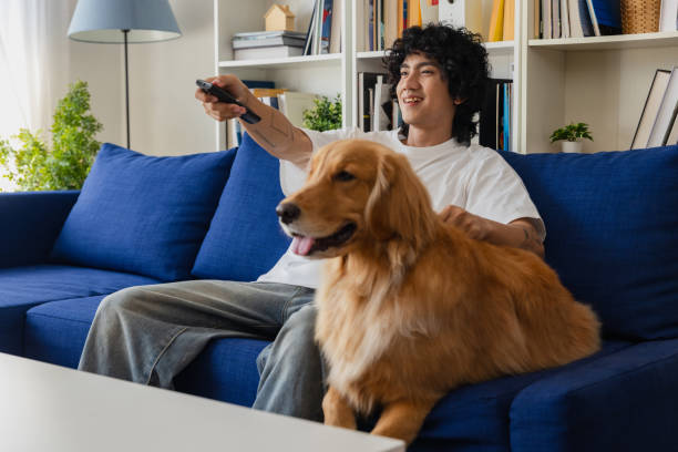 istock Young man enjoying leisure time on couch with golden retriever while watching television at home 2194126510