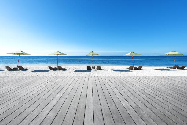 Empty wooden sea view terrace beside tropical paradise beach copy space scene