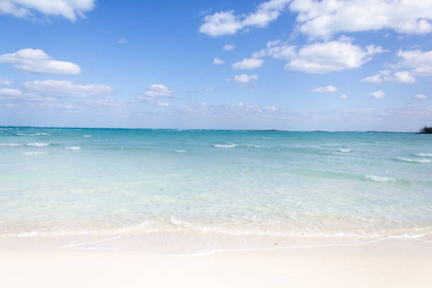 Vibrant tropical beach featuring crystal-clear blue waters and bright white sandy shores beneath a sunny sky scattered with fluffy clouds, suitable for vacations, travel inspiration, and relaxation scenes.